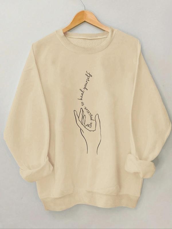 Women'WB shield Cartoon Hand & Letter Print Drop Shoulder TNF Lined Sweatshirt, Casual Long Sleeve Round Neck Pullover...