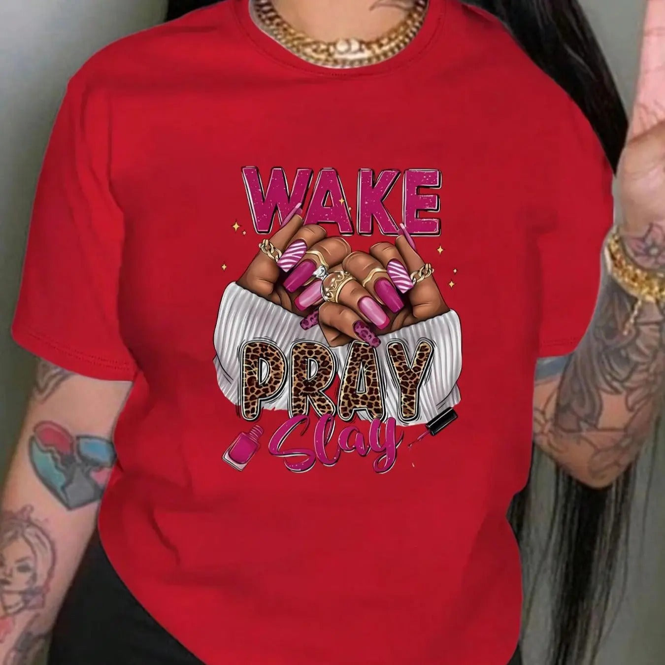 Women'WB shield Cartoon Hand & Letter Print Round Neck Short Sleeve T-shirt, Fashion Casual Crew Neck Tee for Daily...