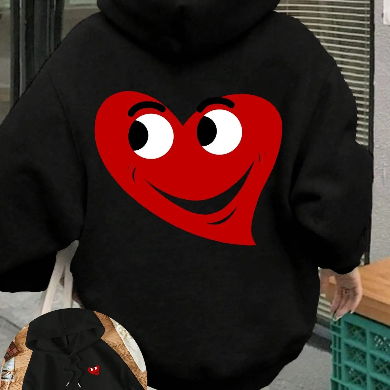 Women'WB shield Cartoon Heart Print Drawstring Pocket Hoodie, Casual Drop Shoulder Long Sleeve Hooded Sweatshirt, Ladies...