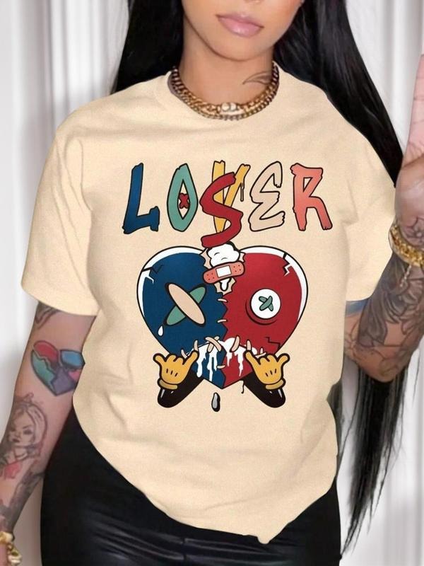 Women'WB shield Cartoon Heart Print Round Neck Short Sleeve Tee, Fashion Casual Letter Print Crew Neck T-shirt, Ladies...