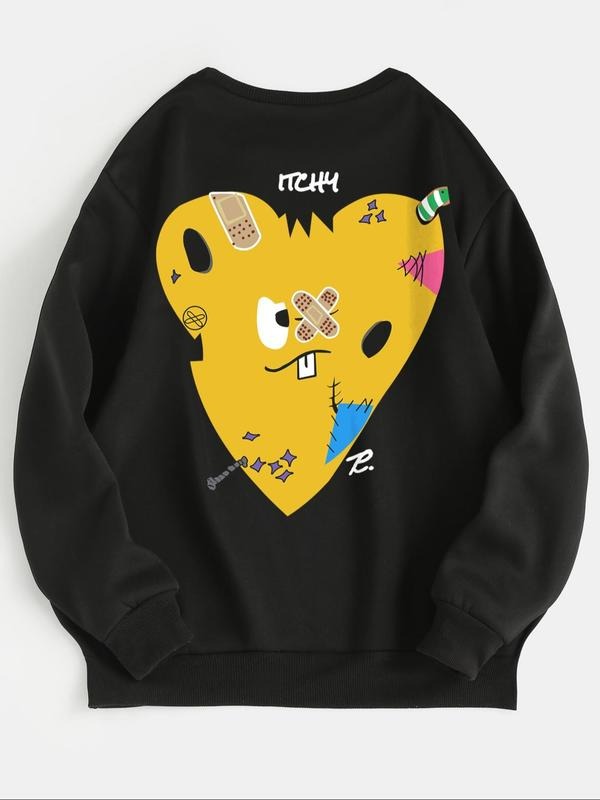 Women'WB shield Cartoon Heart Print Round Neck Sweatshirt, Fashion Casual Crew Neck Pullover for Daily Holiday Outdoor...