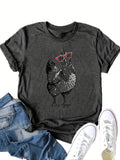 Women'WB shield Cartoon Hen Print Round Neck Tee, Fashion Casual Short Sleeve T-shirt, Ladies Summer TNF for Daily Wear...