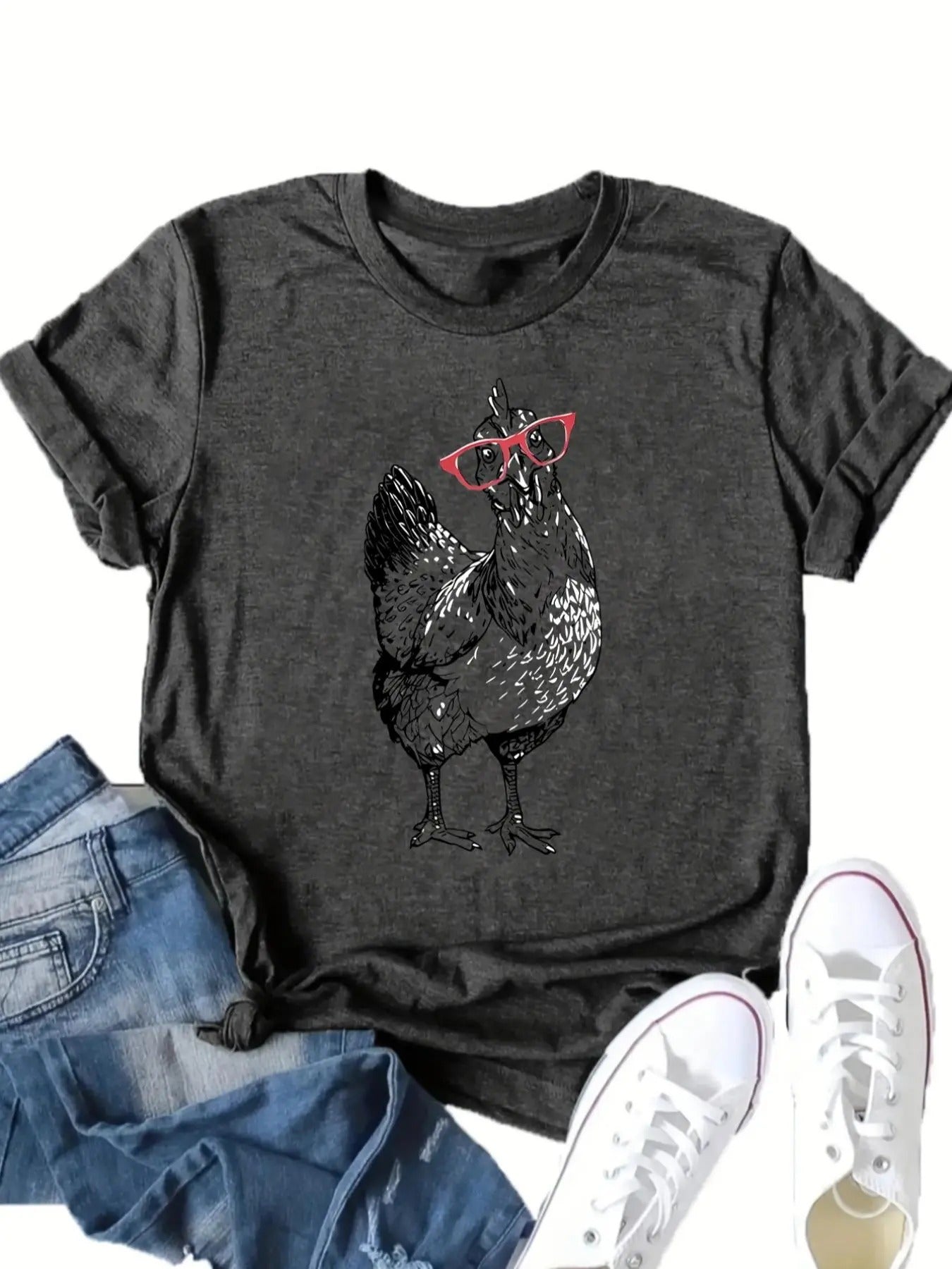 Women'WB shield Cartoon Hen Print Round Neck Tee, Fashion Casual Short Sleeve T-shirt, Ladies Summer TNF for Daily Wear...