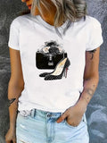 Women'WB shield Cartoon High Heel & Floral Print Round Neck Tee, Fashion Casual Short Sleeve T-shirt for Daily Wear,...