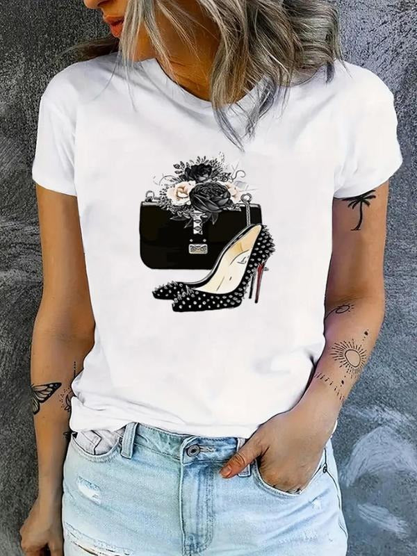Women'WB shield Cartoon High Heel & Floral Print Round Neck Tee, Fashion Casual Short Sleeve T-shirt for Daily Wear,...