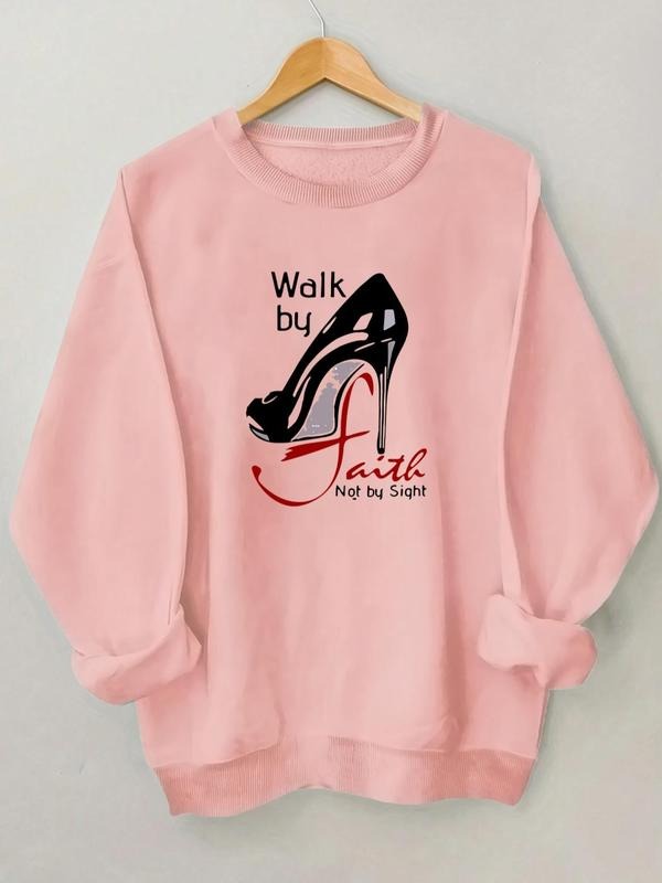 Women'WB shield Cartoon High Heel & Letter Print Round Neck Sweatshirt, Casual Long Sleeve Crew Neck Pullover for Fall &...