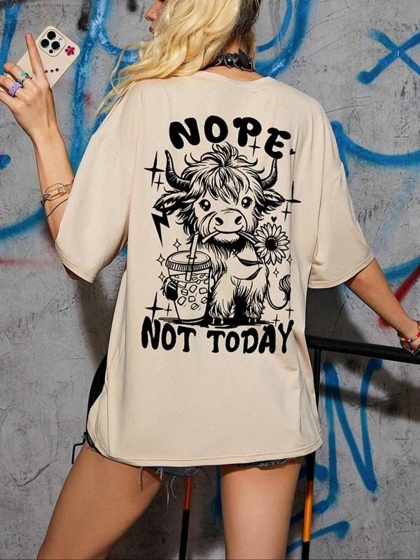 Women'WB shield Cartoon Highland Cow & Letter Print Round Neck Tee, Fashion Casual Crew Neck T-Shirt for Daily Holiday...
