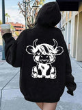 Women'WB shield Cartoon Highland Cow Print Drop Shoulder Hoodie, Fashion Casual Drawstring Pocket Hooded Sweatshirt for...