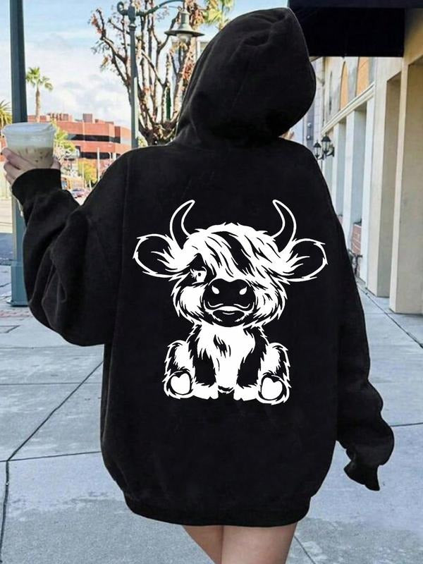 Women'WB shield Cartoon Highland Cow Print Drop Shoulder Hoodie, Fashion Casual Drawstring Pocket Hooded Sweatshirt for...