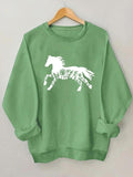 Women'WB shield Cartoon Horse Print Drop Shoulder Sweatshirt, Casual Long Sleeve Round Neck Pullover For Daily Wear,...