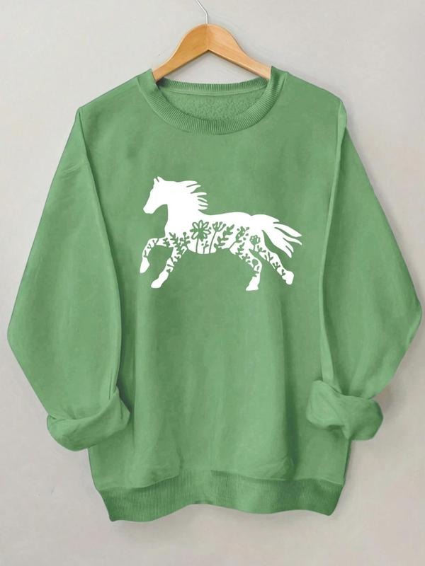 Women'WB shield Cartoon Horse Print Drop Shoulder Sweatshirt, Casual Long Sleeve Round Neck Pullover For Daily Wear,...