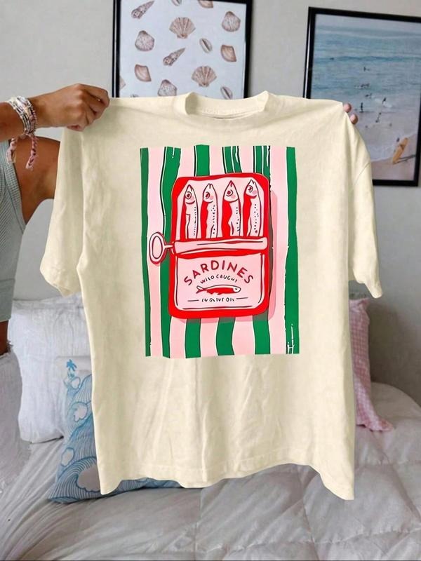 Women'WB shield Cartoon Hot Dog & Letter Print Round Neck Tee, Vintage Trendy Casual Short Sleeve T-shirt for Daily Wear,...