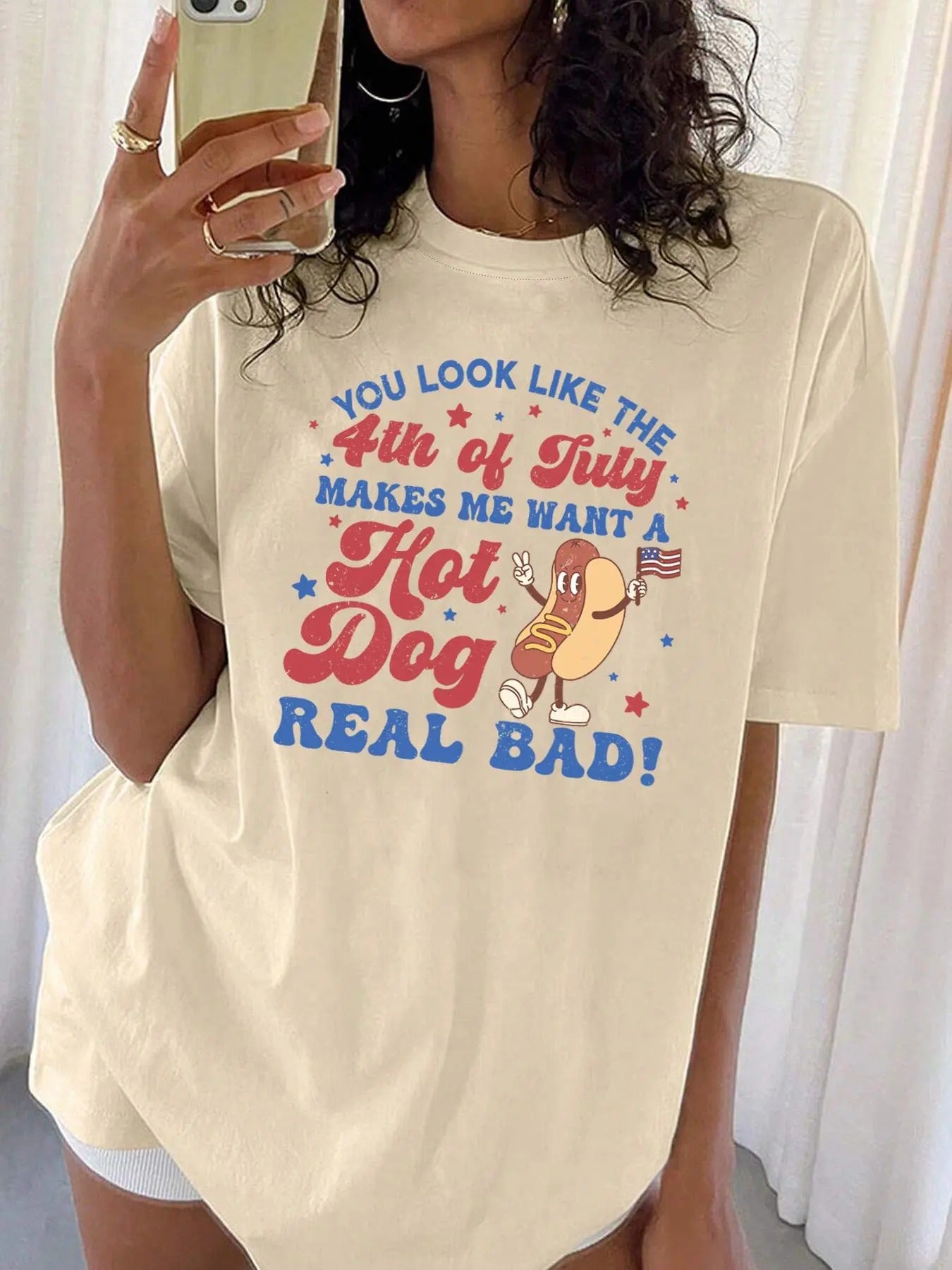 Women'WB shield Cartoon Hot Dog Print Round Neck Drop Shoulder Tee, Fashion Casual Letter Print Crew Neck T-Shirt for...