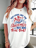 Women'WB shield Cartoon Hot Dog Print Round Neck Tee, Fashion Casual Letter Graphic Crew Neck Drop Shoulder T-Shirt for...