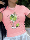 Women'WB shield Cartoon Lemon Drink Print Round Neck Tee, Casual Short Sleeve T-Shirt for Summer, Ladies TNF for Daily...