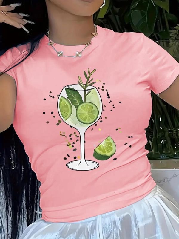 Women'WB shield Cartoon Lemon Drink Print Round Neck Tee, Casual Short Sleeve T-Shirt for Summer, Ladies TNF for Daily...