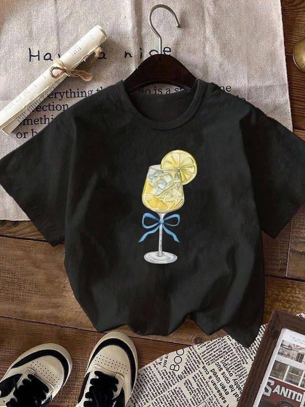 Women'WB shield Cartoon Lemon Drinks Print Round Neck Tee, Fashion Casual Drop Shoulder Short Sleeve T-shirt, Ladies...