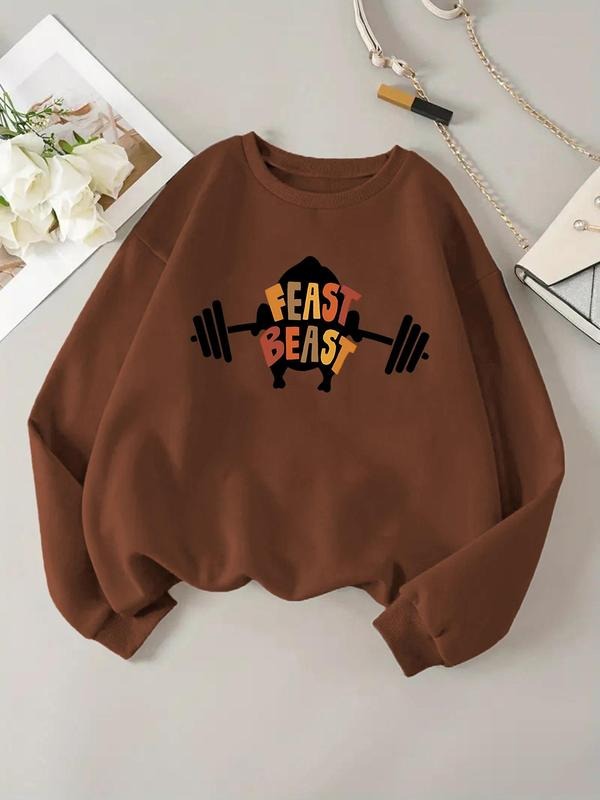 Women'WB shield Cartoon Letter Print Crew Neck Sweatshirt, Casual Long Sleeve Round Neck Pullover for Fall & Winter,...