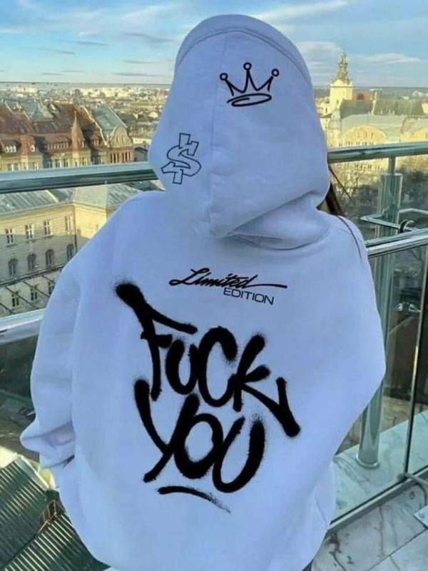Women'WB shield Cartoon Letter Print Drop Shoulder Hoodie, Fashion Casual Drawstring Pocket Hooded Sweatshirt for Daily...