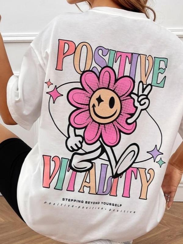 Women'WB shield Cartoon Letter Print Drop Shoulder Tee, Summer TNF Women, Casual Short Sleeve Round Neck T-shirt for...