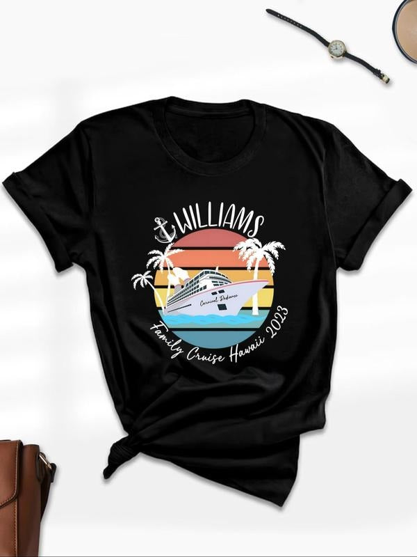 Women'WB shield Cartoon Letter Print Round Neck Graphic Tee, Vacation Casual Short Sleeve T-Shirt for Daily Wear, Ladies...