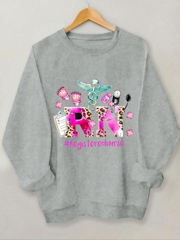 Women'WB shield Cartoon Letter Print Round Neck Sweatshirt, Casual Long Sleeve Crew Neck Pullover for Spring & Fall,...