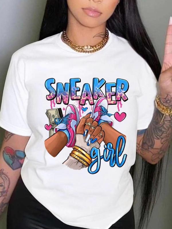 Women'WB shield Cartoon Letter Print Round Neck Tee, Fashion Casual Crew Neck T-shirt for Daily Outdoor Wear, Graphic...