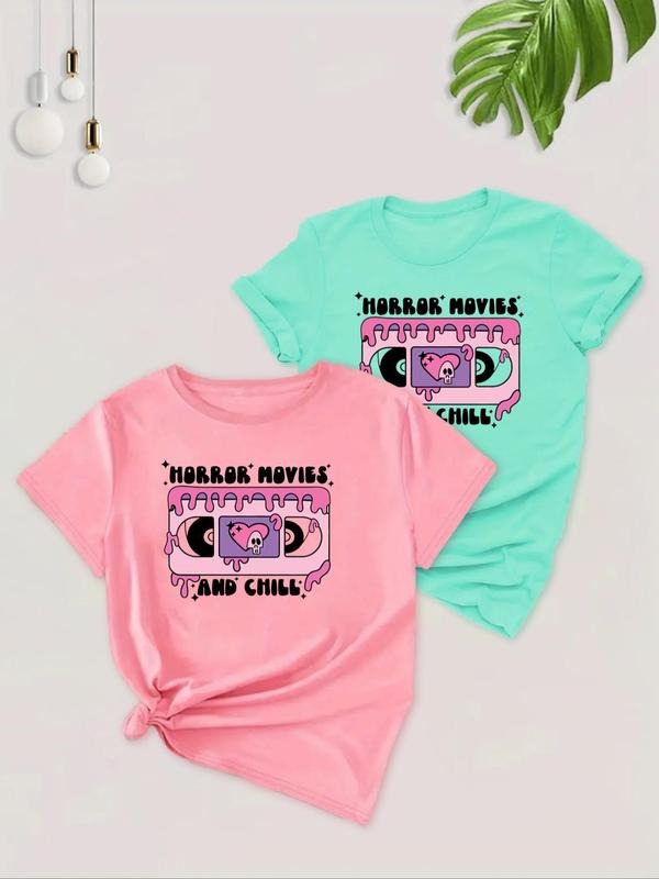 Women'WB shield Cartoon Letter Print Short Sleeve Tee, Casual Round Neck T-shirt for Summer, Ladies TNF for Daily Wear...