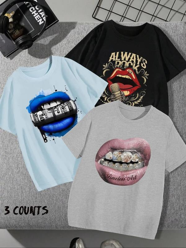 Women'WB shield Cartoon Lip Print Round Neck Tee, Fashion Casual Crew Neck T-shirt for Daily Holiday Vacation Outdoor...
