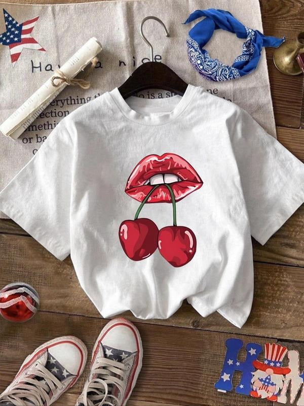 Women'WB shield Cartoon Lips & Cherry Print Round Neck Tee, Fashion Casual Short Sleeve T-shirt, Ladies Summer TNF for...