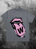 Women'WB shield Cartoon Lips & Letter Print Round Neck Tee, Street Fashion Casual Short Sleeve T-Shirt for Daily Wear,...