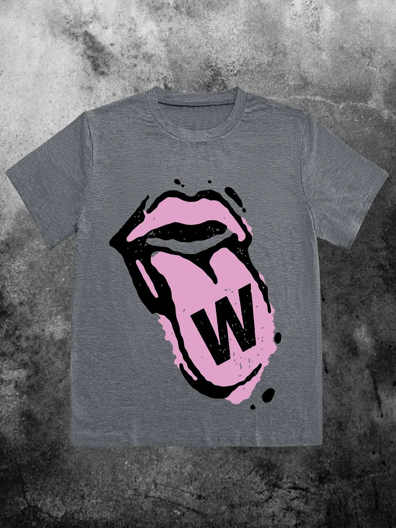 Women'WB shield Cartoon Lips & Letter Print Round Neck Tee, Street Fashion Casual Short Sleeve T-Shirt for Daily Wear,...