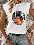 Women'WB shield Cartoon Los Angeles Print Round Neck Tee, Casual Short Sleeve T-shirt for Summer, Ladies TNF for Daily...