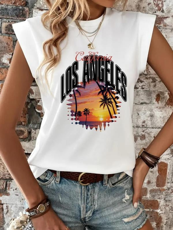 Women'WB shield Cartoon Los Angeles Print Round Neck Tee, Casual Short Sleeve T-shirt for Summer, Ladies TNF for Daily...