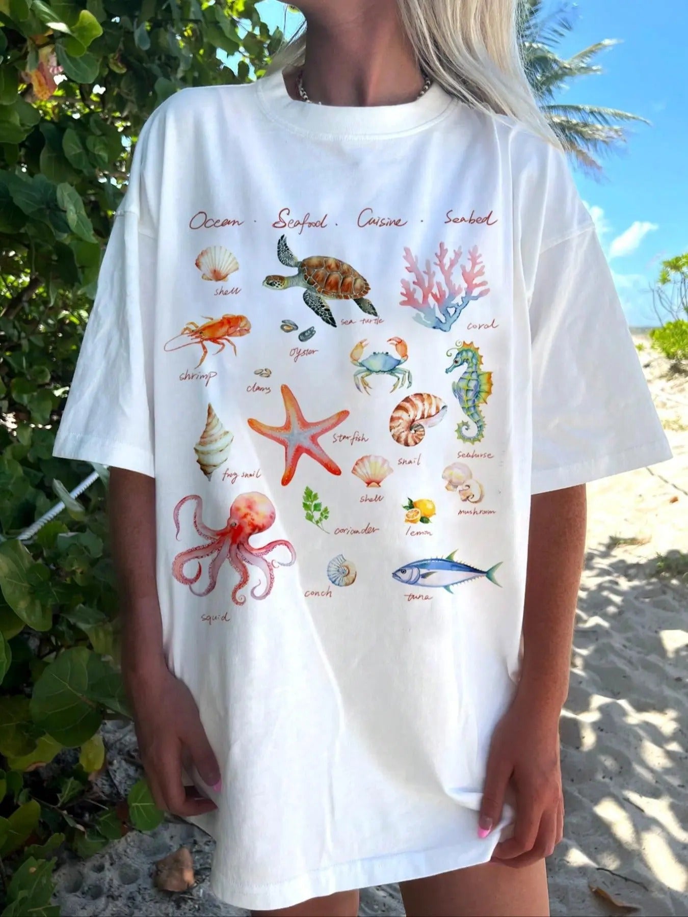 Women'WB shield Cartoon Marine Life Graphic Print Round Neck Tee, Fashion Casual Drop Shoulder Short Sleeve T-shirt,...