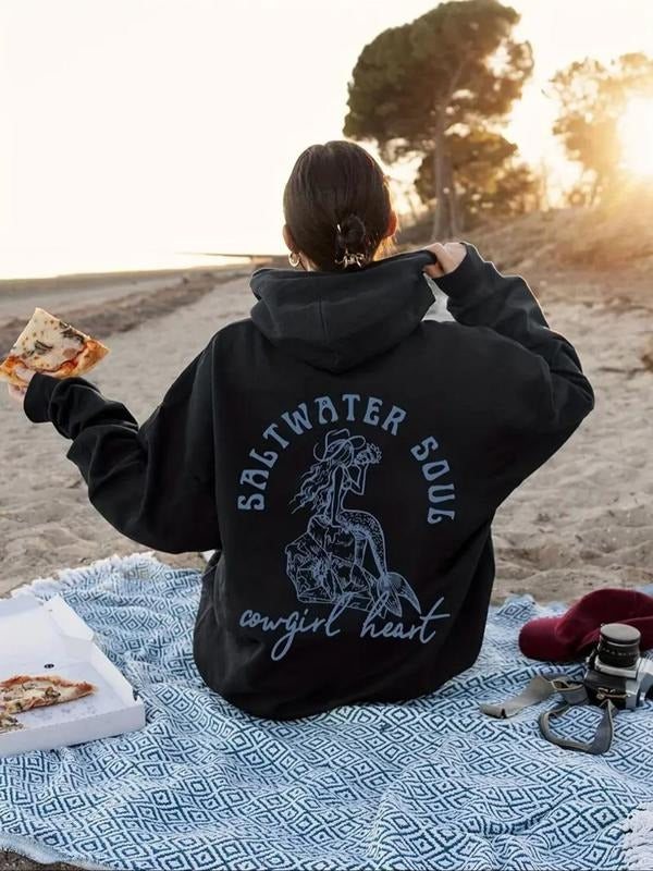 Women'WB shield Cartoon Mermaid & Letter Print Hoodie, Casual Long Sleeve Hooded Sweatshirt for Beach Vacation, Ladies...