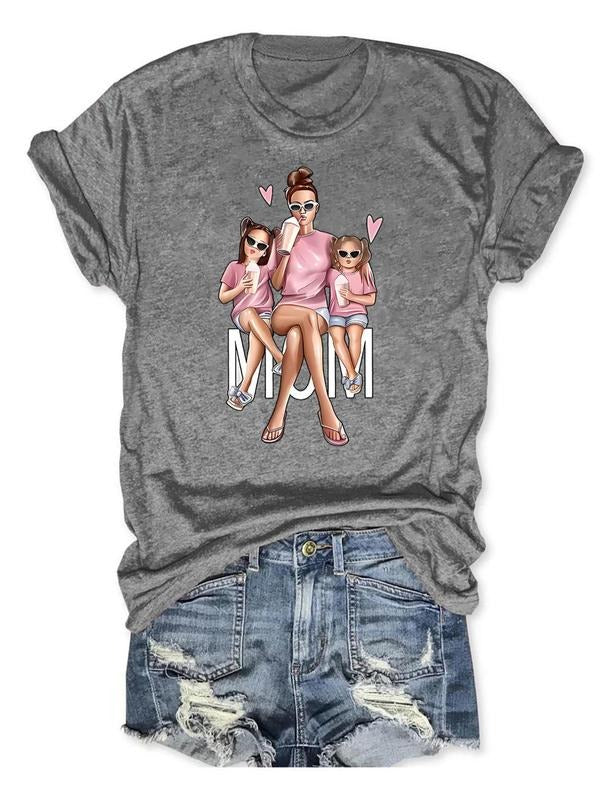 Women'WB shield Cartoon Mom Print Round Neck Tee, Fashion Casual Crew Neck T-Shirt for Daily Holiday Vacation Outdoor...
