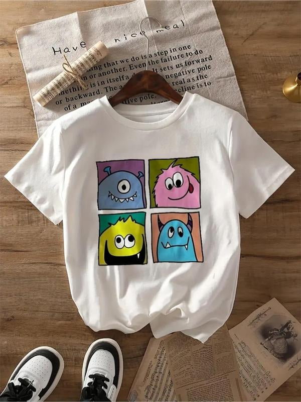 Women'WB shield Cartoon Monster Print Round Neck Tee, Fashion Casual Short Sleeve T-shirt, Ladies Summer TNF for Daily...