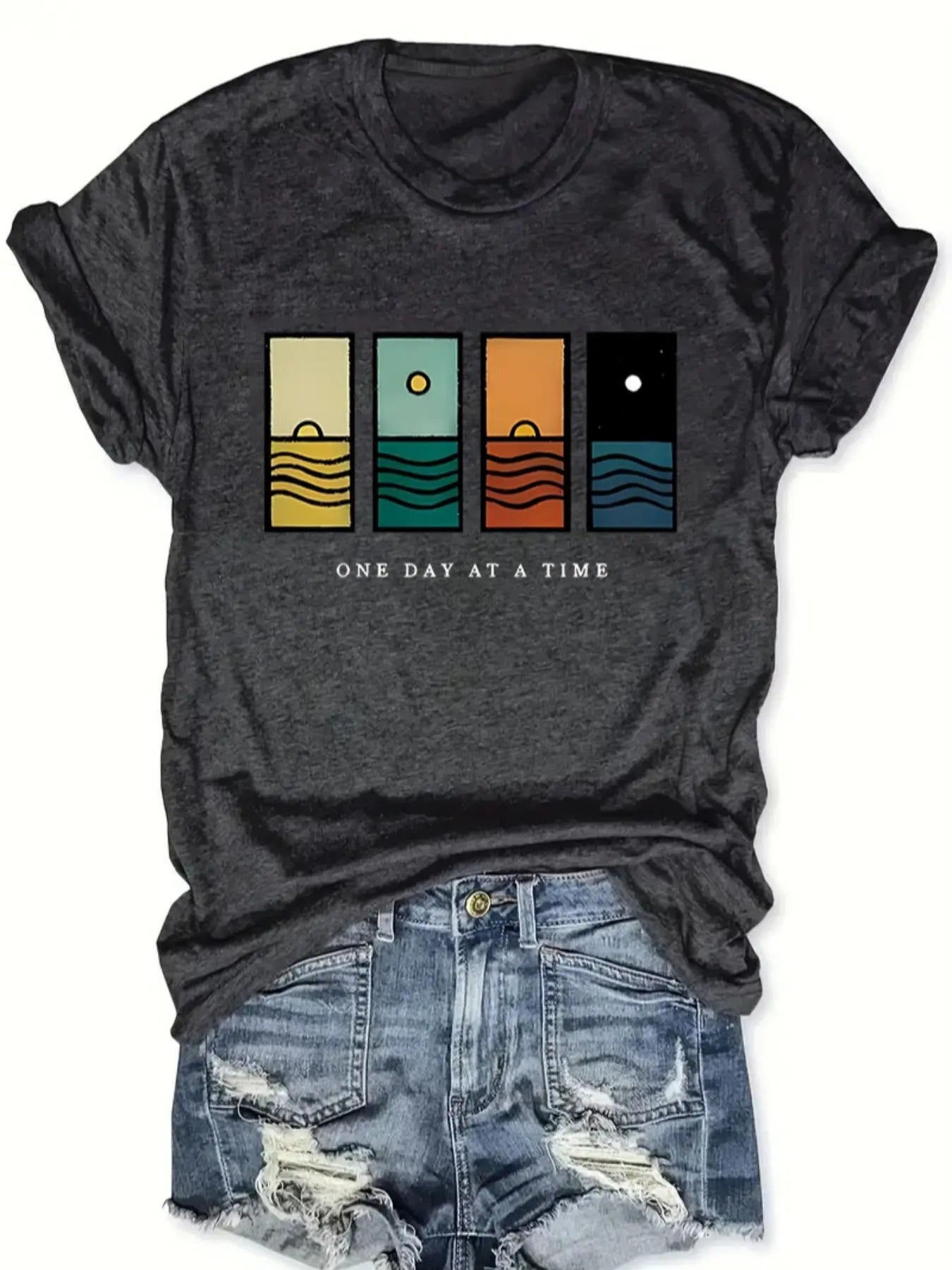 Women'WB shield Cartoon Moon & Letter Print Short Sleeve Tee, Casual Round Neck T-Shirt for Summer, Fashion Women'WB...