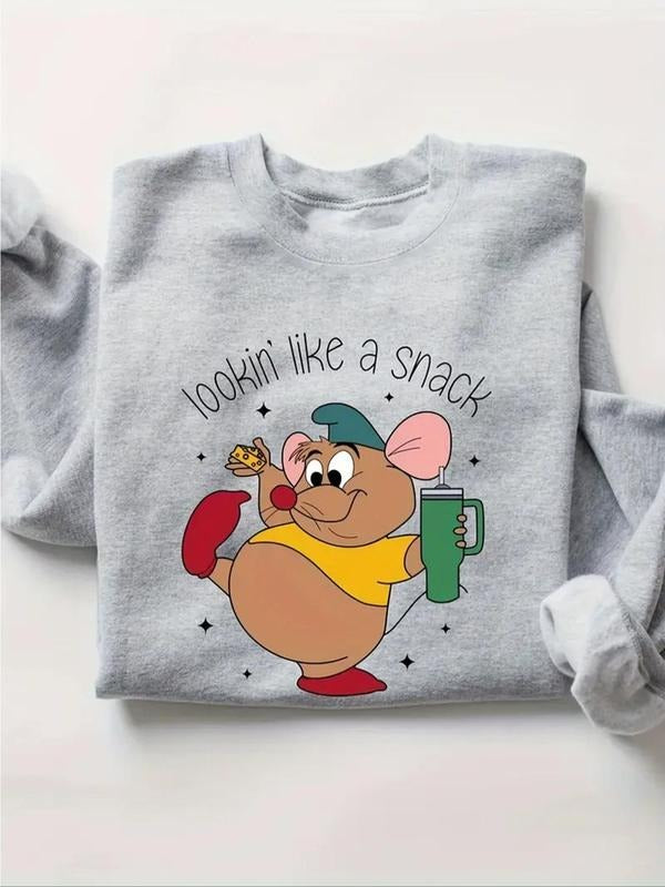 Women'WB shield Cartoon Mouse & Letter Print Crew Neck Sweatshirt, Casual Long Sleeve Pullover for Fall & Winter,...