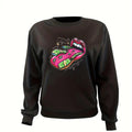Women'WB shield Cartoon Mouth Print Crew Neck Sweatshirt, Casual Drop Shoulder Long Sleeve Pullover, Women'WB shield Fall...