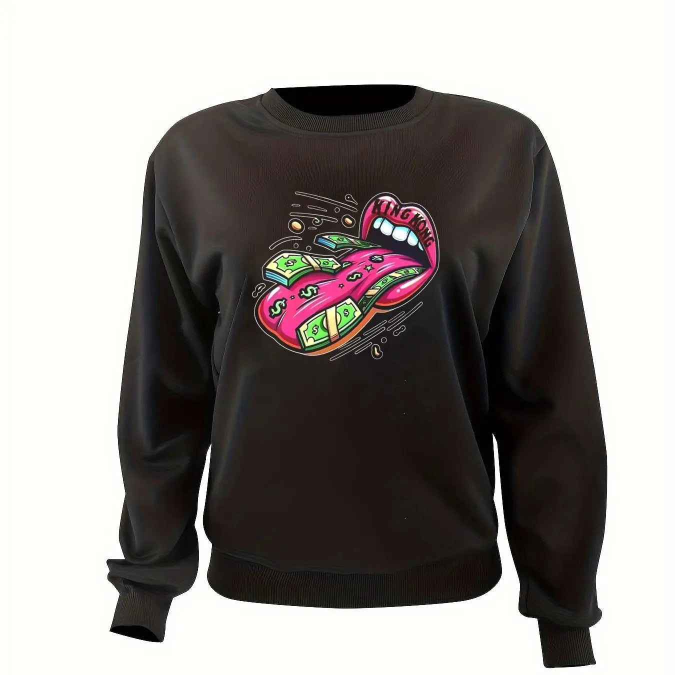 Women'WB shield Cartoon Mouth Print Crew Neck Sweatshirt, Casual Drop Shoulder Long Sleeve Pullover, Women'WB shield Fall...