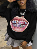 Women'WB shield Cartoon Mouth Print Round Neck Sweatshirt, Fashion Casual Crew Neck Long Sleeve Pullover for Daily Wear,...