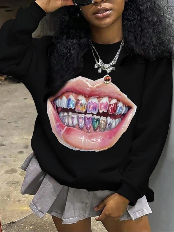 Women'WB shield Cartoon Mouth Print Round Neck Sweatshirt, Fashion Casual Crew Neck Long Sleeve Pullover for Daily Wear,...
