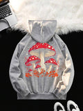 Women'WB shield Cartoon Mushroom Print Drawstring Pocket Hoodie, Casual Long Sleeve Hooded Sweatshirt for Fall & Winter,...