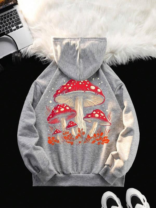 Women'WB shield Cartoon Mushroom Print Drawstring Pocket Hoodie, Casual Long Sleeve Hooded Sweatshirt for Fall & Winter,...