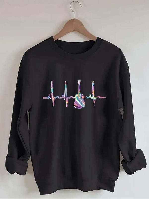 Women'WB shield Cartoon Note & Heartbeat Print Drop Shoulder Sweatshirt, Casual Long Sleeve Round Neck Pullover for Fall...