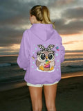 Women'WB shield Cartoon Owl Print Hoodie, Casual Long Sleeve Hooded Sweatshirt for Daily Wear, Ladies TNF for Autumn...