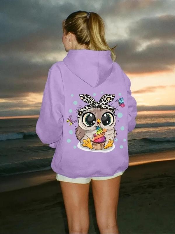 Women'WB shield Cartoon Owl Print Hoodie, Casual Long Sleeve Hooded Sweatshirt for Daily Wear, Ladies TNF for Autumn...