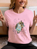 Women'WB shield Cartoon Owl Print Round Neck Tee, Casual Short Sleeve Crew Neck T-shirt for Daily Wear, Ladies TNF for...